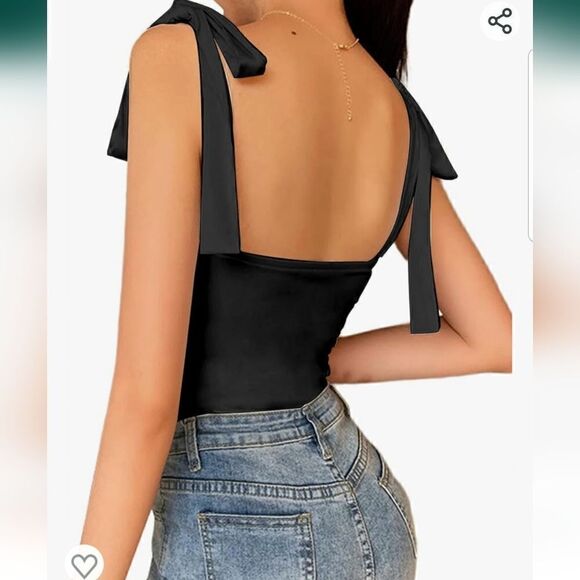 Umenlele Women's Satin Ruched Sleeveless Tie Shoulder Square Neck Bodysu…Large - Picture 3 of 14